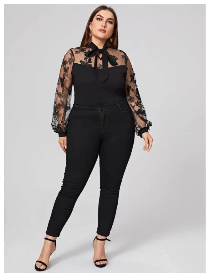 Plus Mesh Butterfly Detail Blouse - Image 3