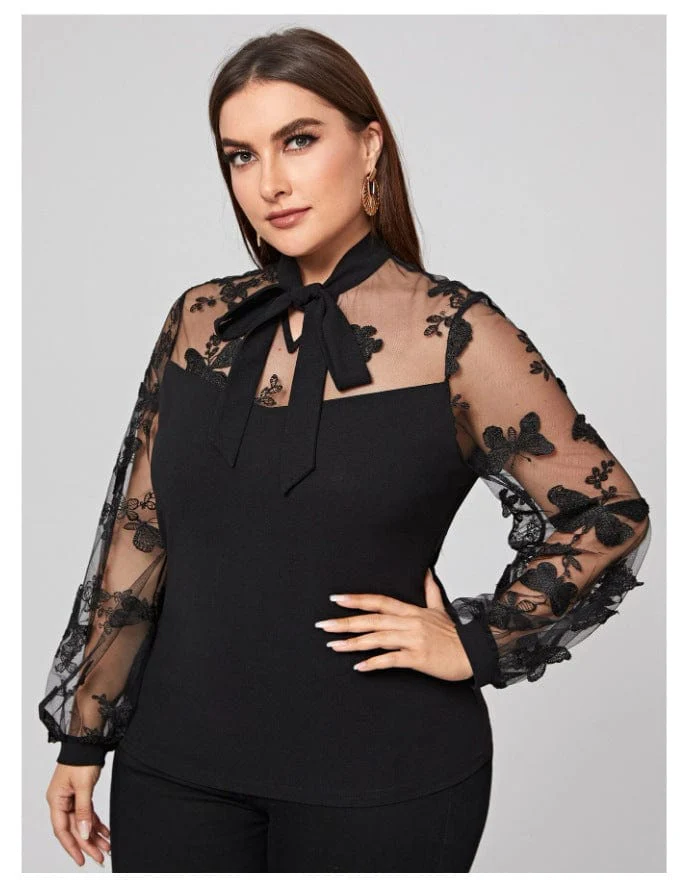 Plus Mesh Butterfly Detail Blouse - Image 4