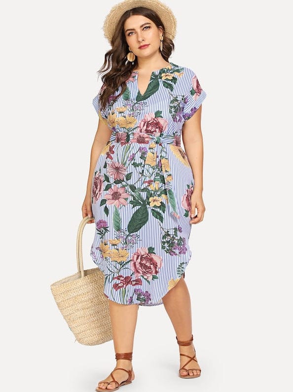 Plus Printed Round Hem Slit Dress