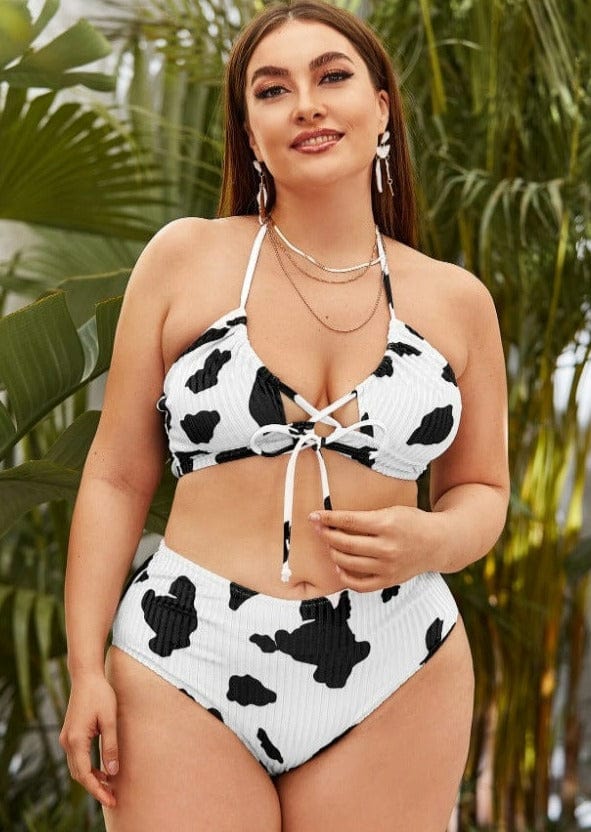 Plus Ribbed Printed Halter Tying High Rise Bikini Set