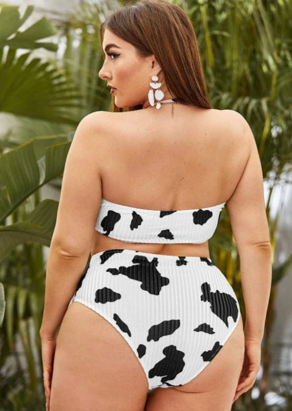 Plus Ribbed Printed Halter Tying High Rise Bikini Set - Image 2