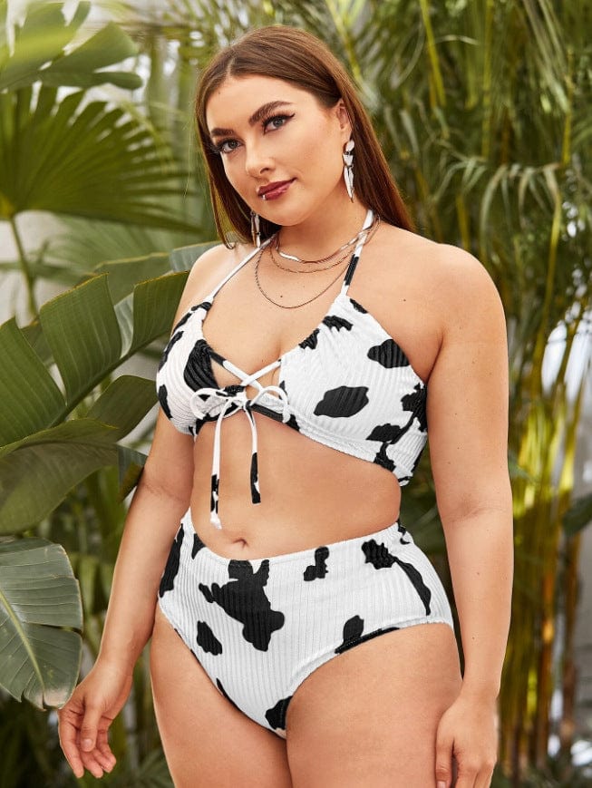 Plus Ribbed Printed Halter Tying High Rise Bikini Set - Image 3
