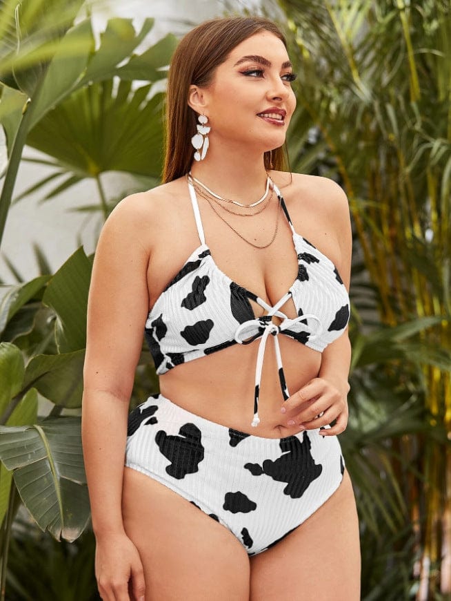 Plus Ribbed Printed Halter Tying High Rise Bikini Set - Image 4