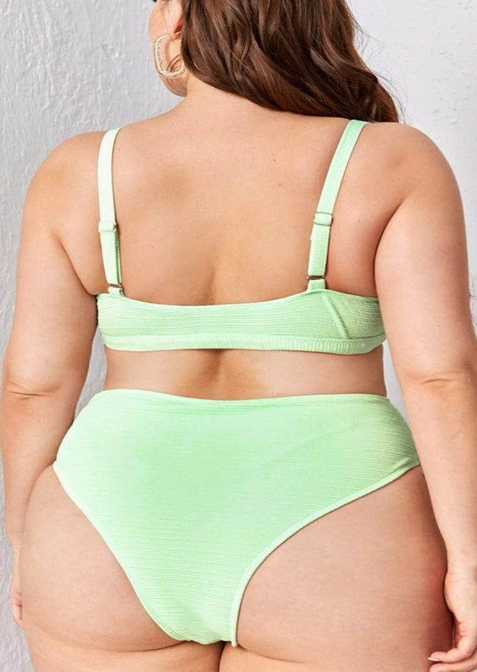 Plus Ribbed Triangle Cut Out Lined Bralette High Rise Bikini Set - Image 2