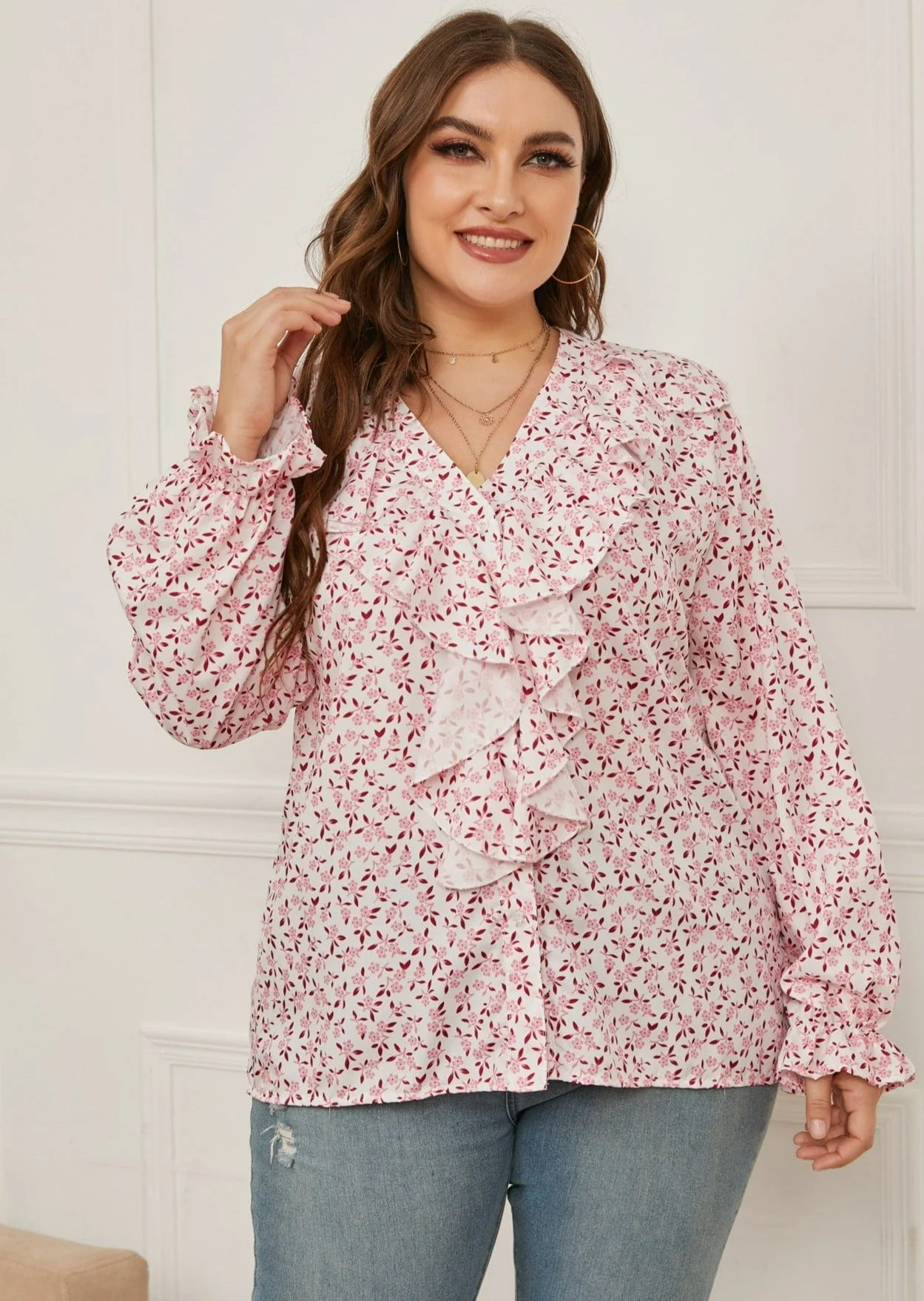 Plus Ruffle Front Button Down Blouse