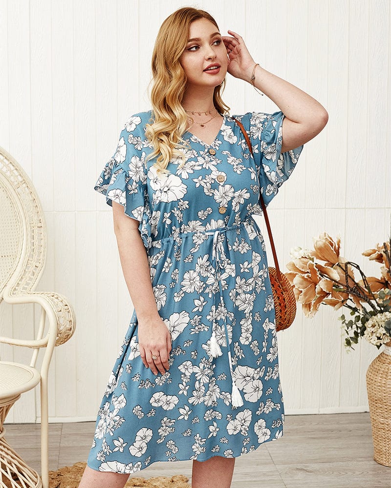 Plus Ruffle Sleeve Drawstring Waist Dress - Image 4
