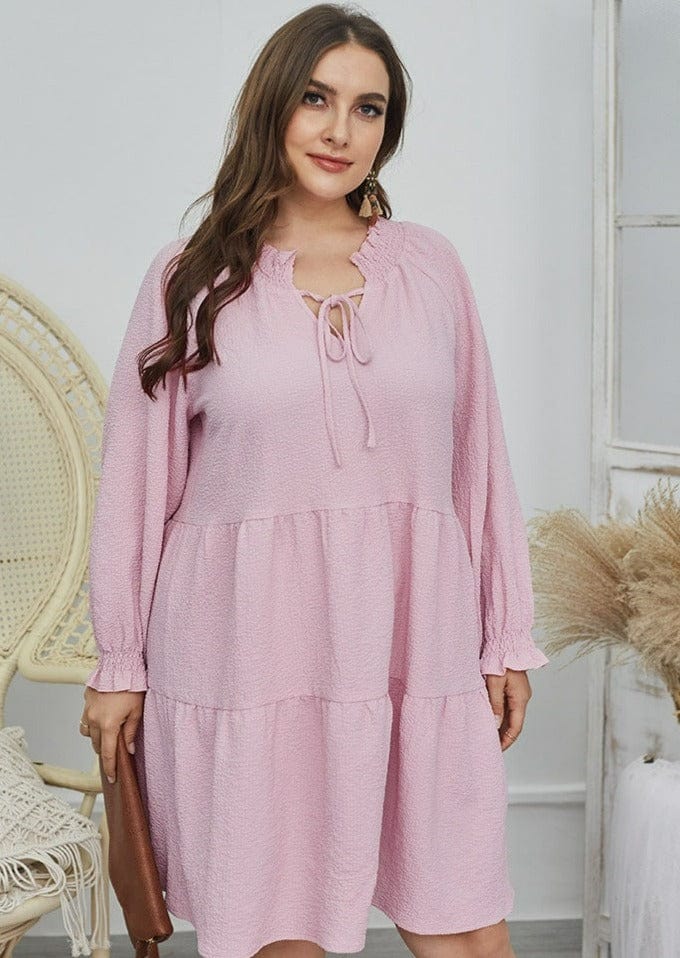 Plus Shirred Tie Neck Textured Dress