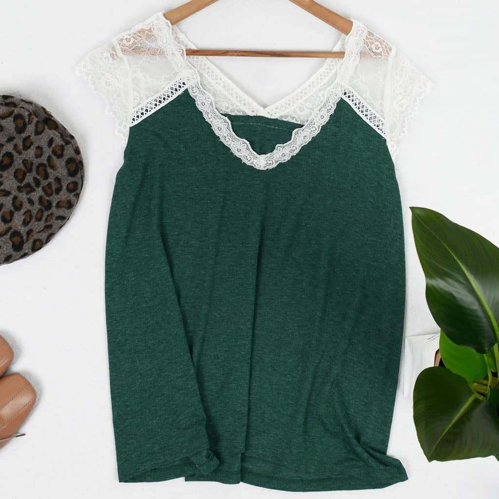 Plus Size Casual Loose Short Sleeve Lace V Neck Tee