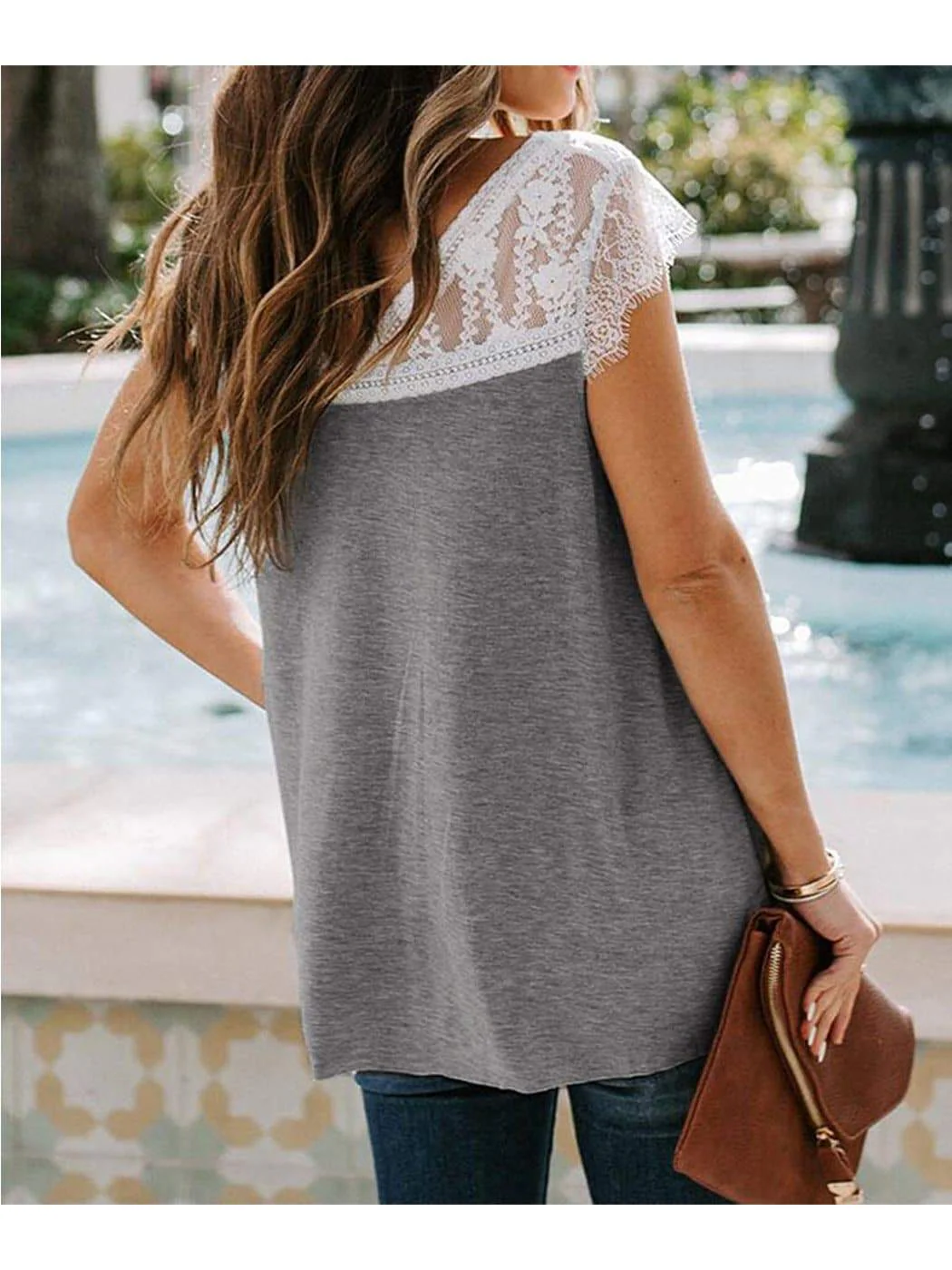 Plus Size Casual Loose Short Sleeve Lace V Neck Tee - Image 7