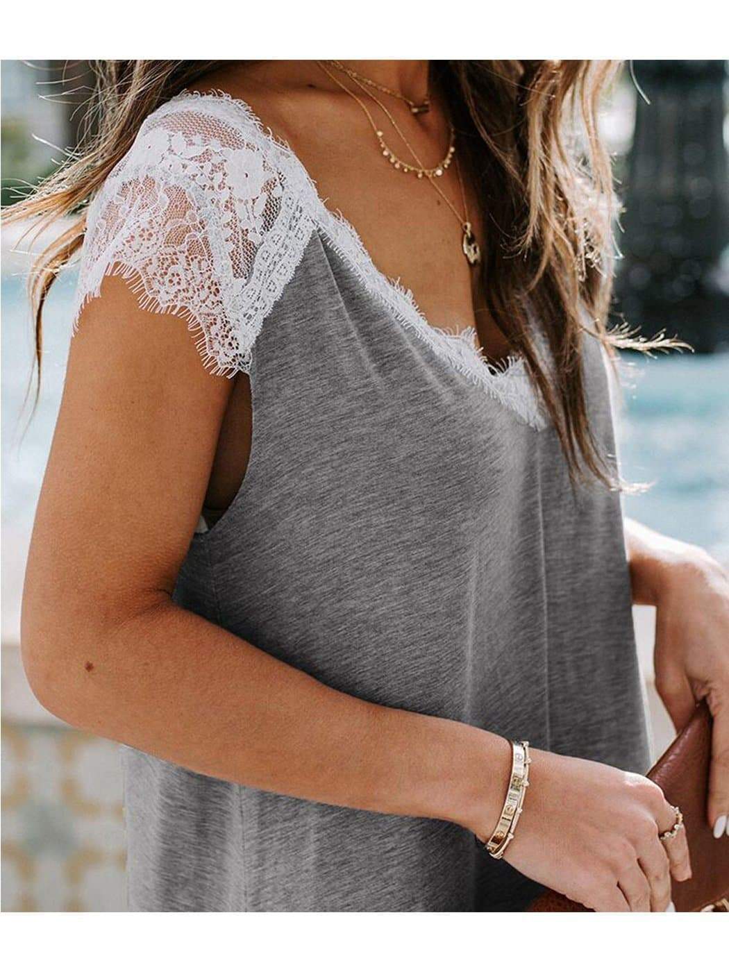 Plus Size Casual Loose Short Sleeve Lace V Neck Tee - Image 9