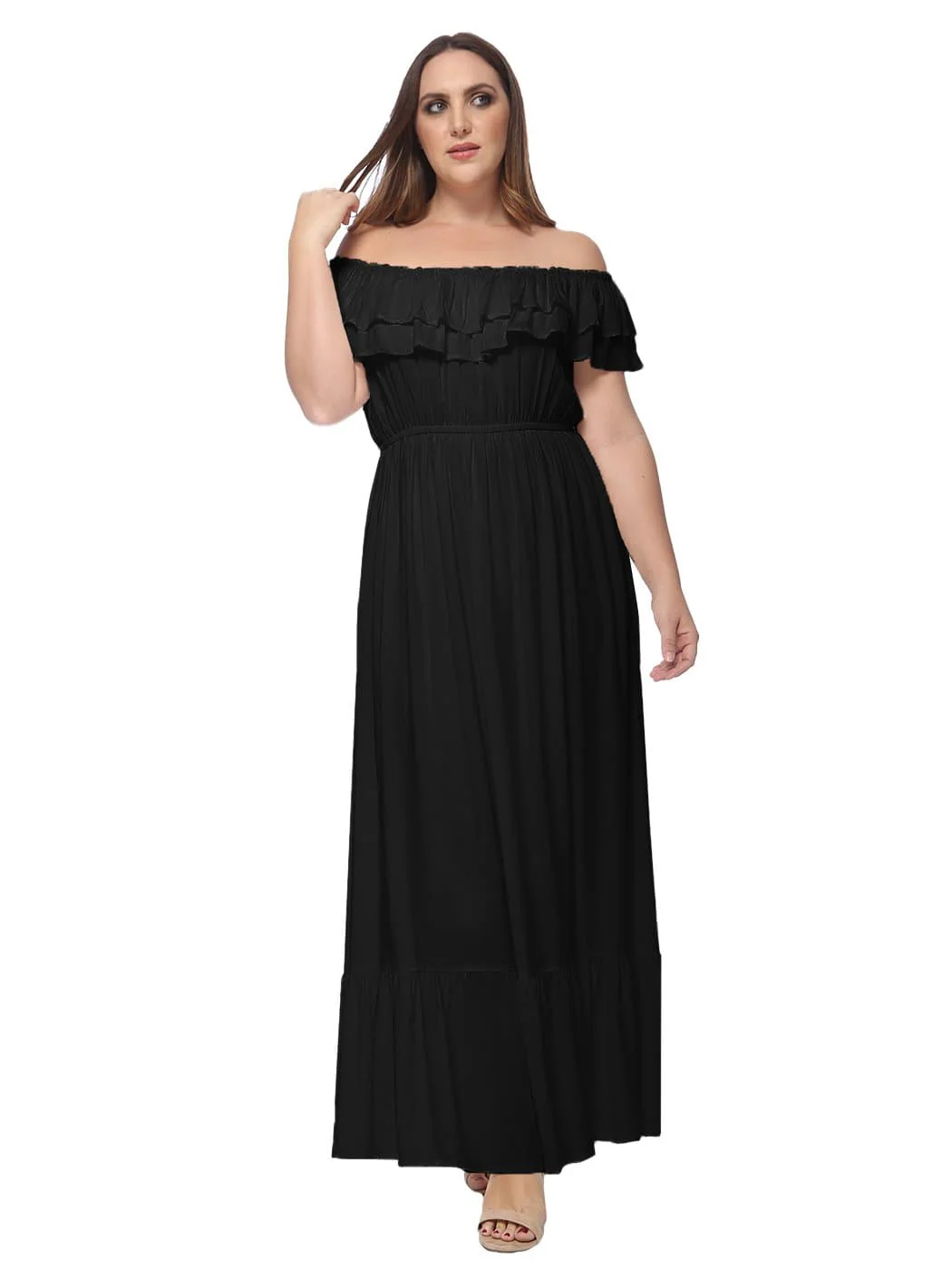 Plus Size Off Shoulder Ruffle Empire Maxi Dress - Image 41
