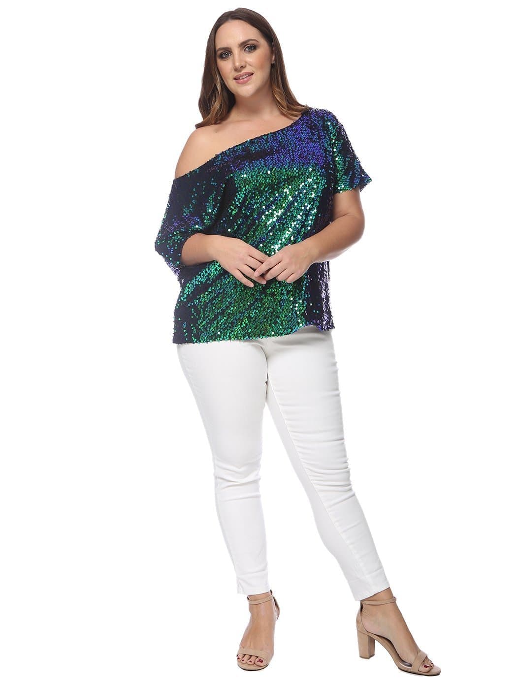 Plus Size One Shoulder Sequin Top - Image 12