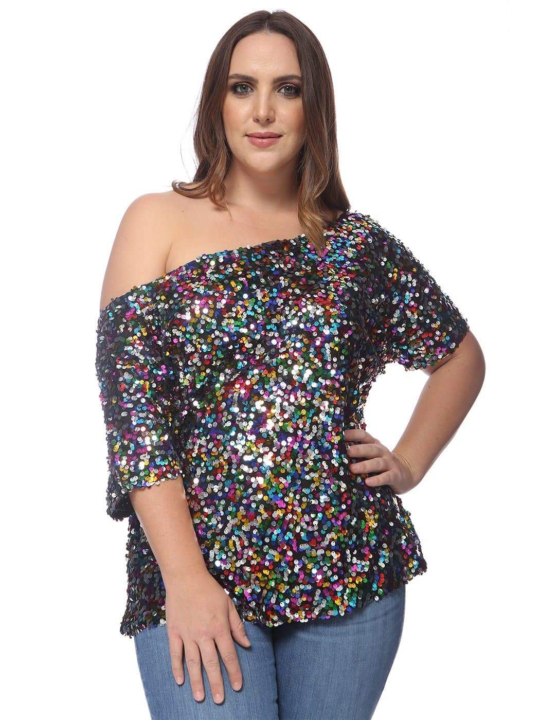 Plus Size One Shoulder Sequin Top - Image 14