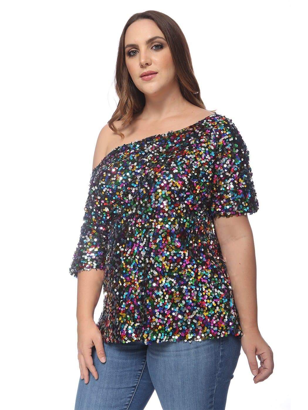 Plus Size One Shoulder Sequin Top - Image 17