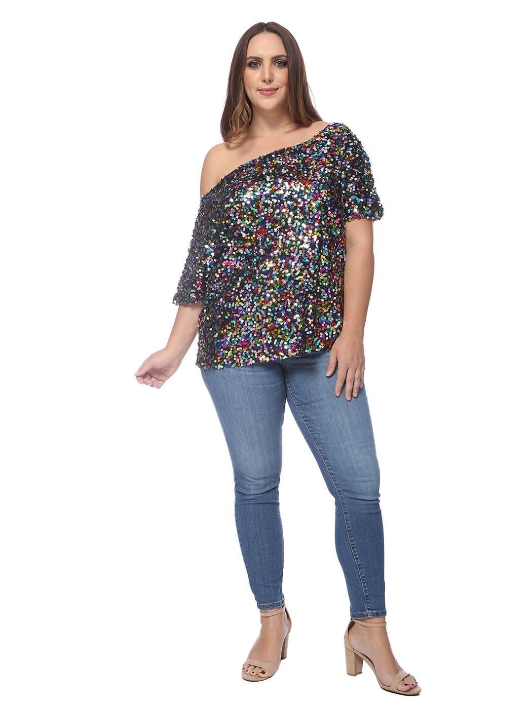 Plus Size One Shoulder Sequin Top - Image 18