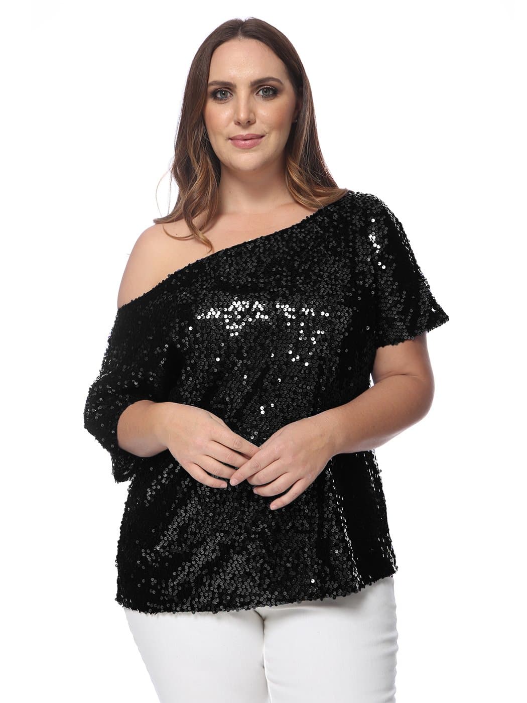 Plus Size One Shoulder Sequin Top - Image 21