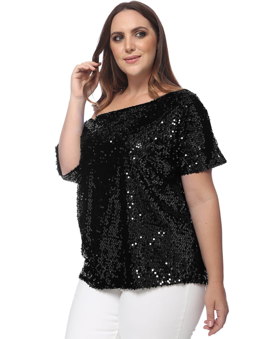 Plus Size One Shoulder Sequin Top - Image 23