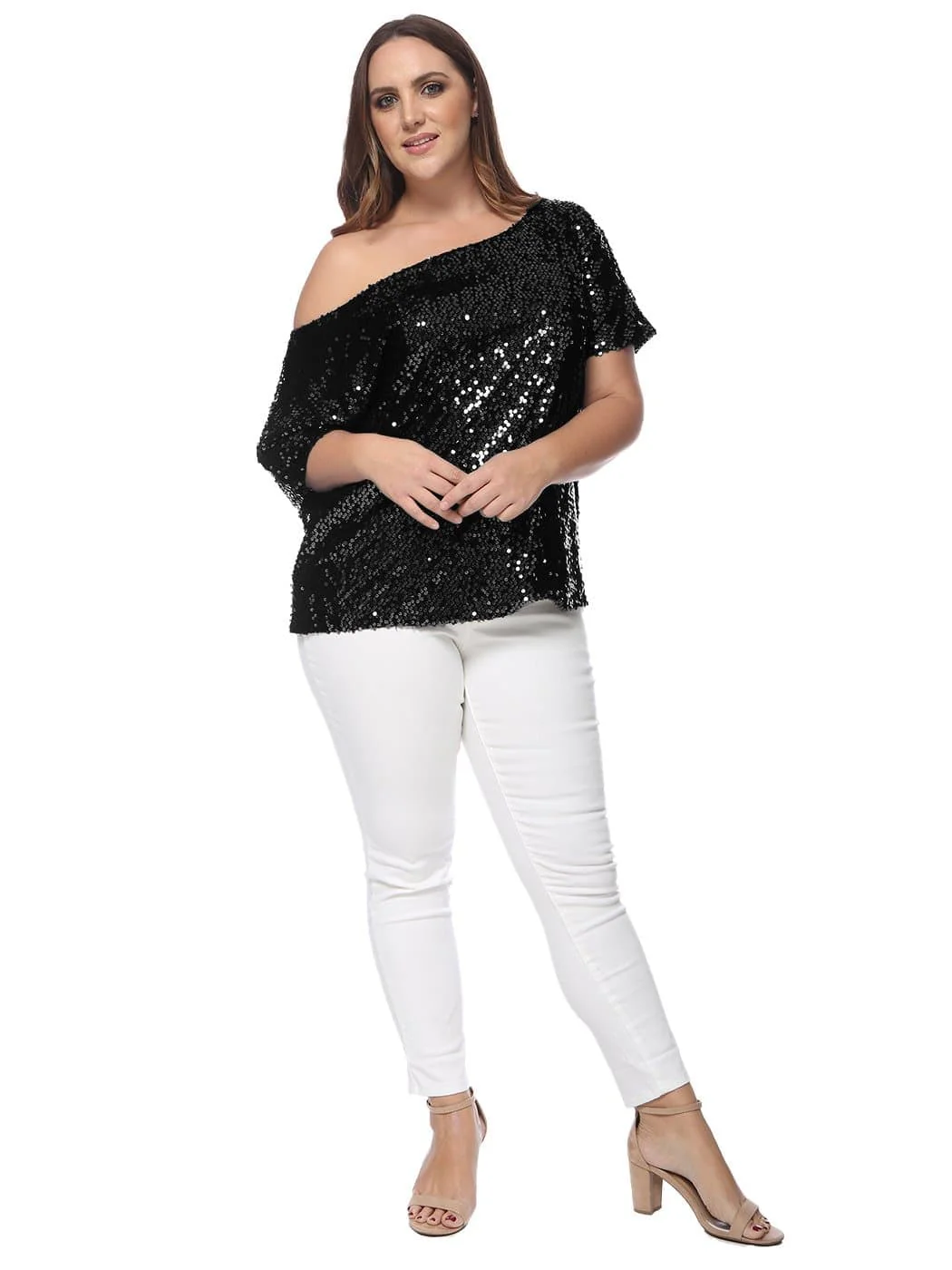 Plus Size One Shoulder Sequin Top - Image 25