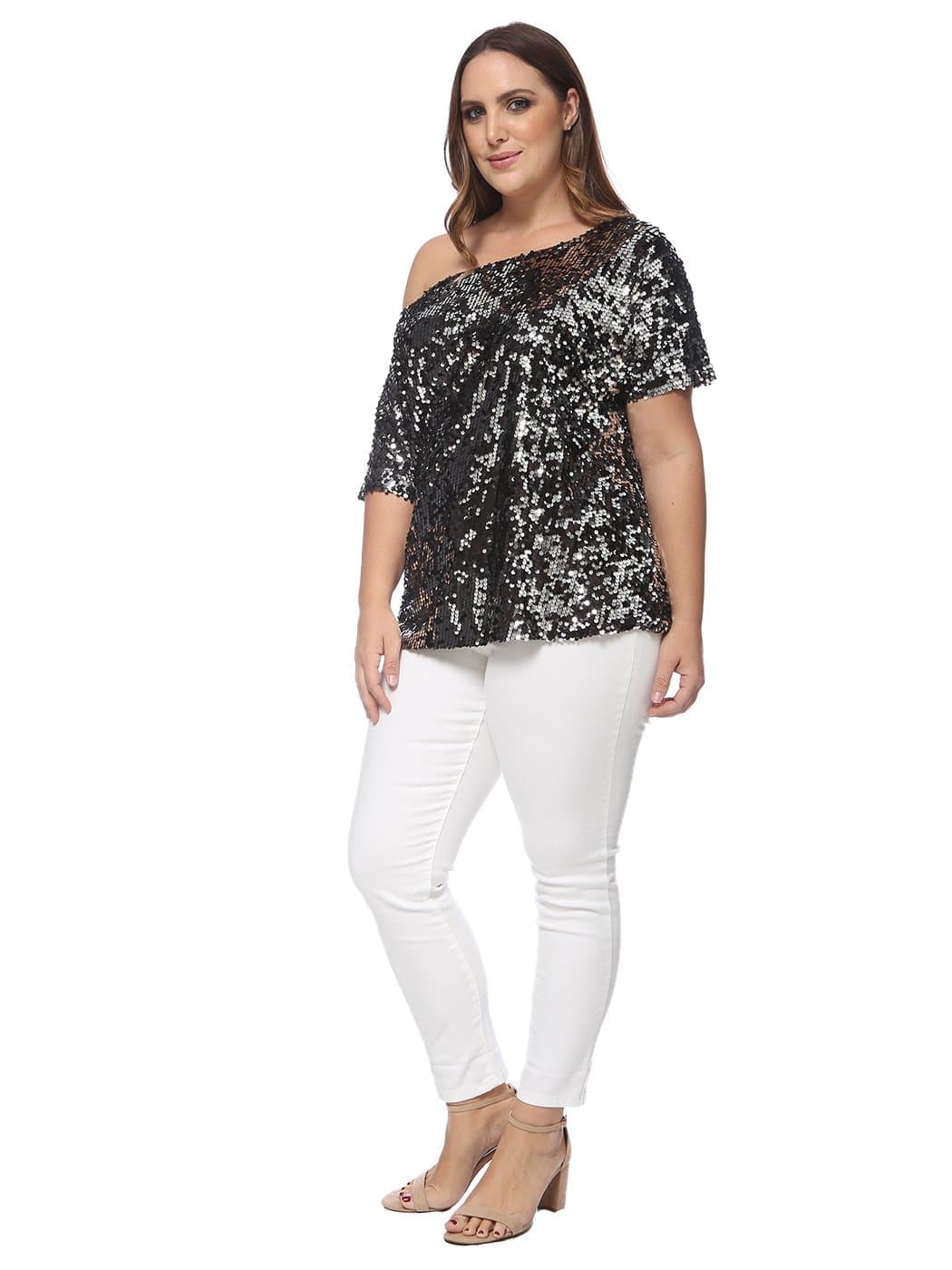 Plus Size One Shoulder Sequin Top - Image 5