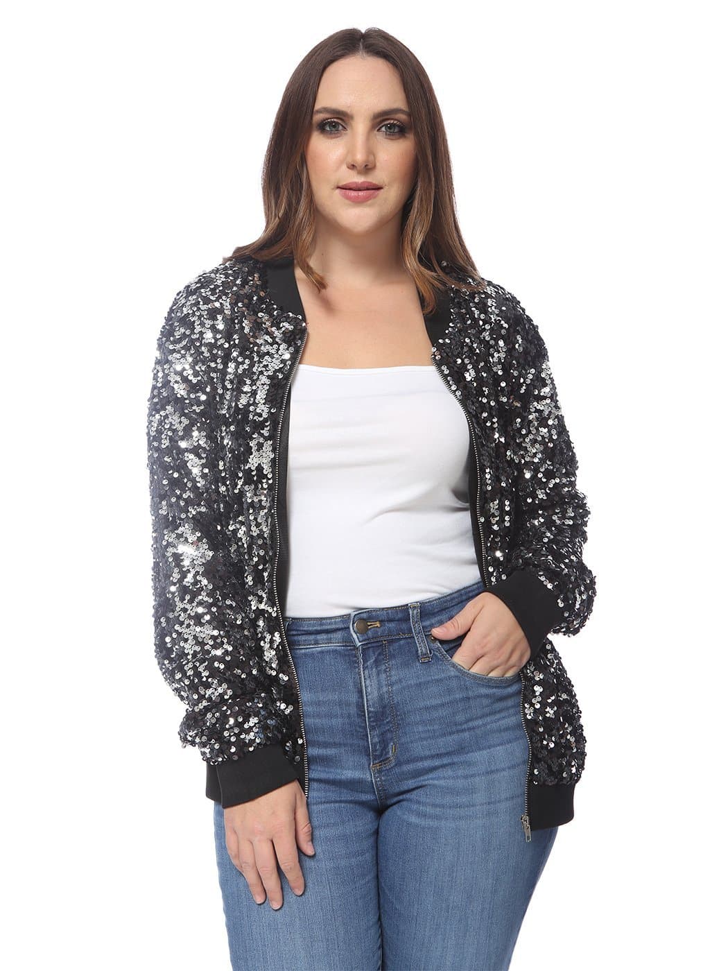 Plus Size Sequin Bomber Jacket - Image 18