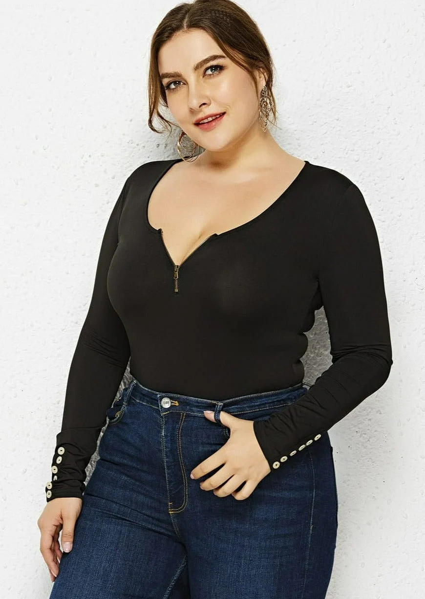 Plus Size Zip Up Scoop Neck Bodysuit