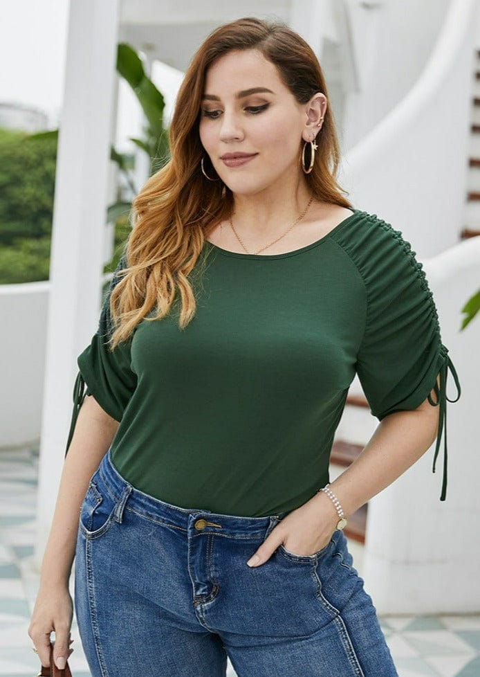 Plus Solid Ruched Sleeve Tee - Image 2