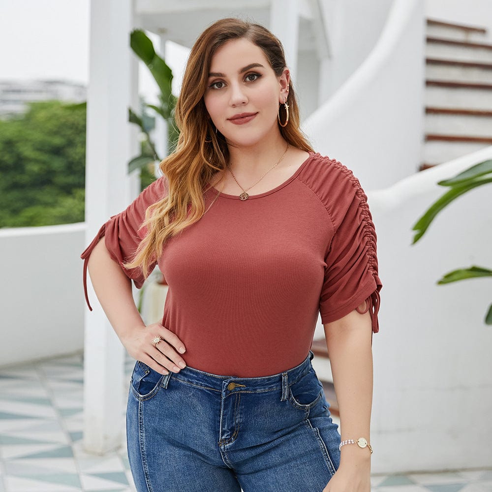 Plus Solid Ruched Sleeve Tee - Image 3