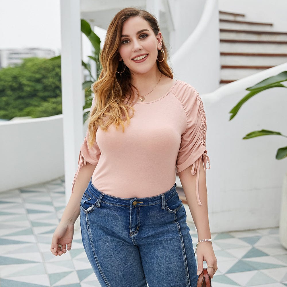 Plus Solid Ruched Sleeve Tee - Image 4