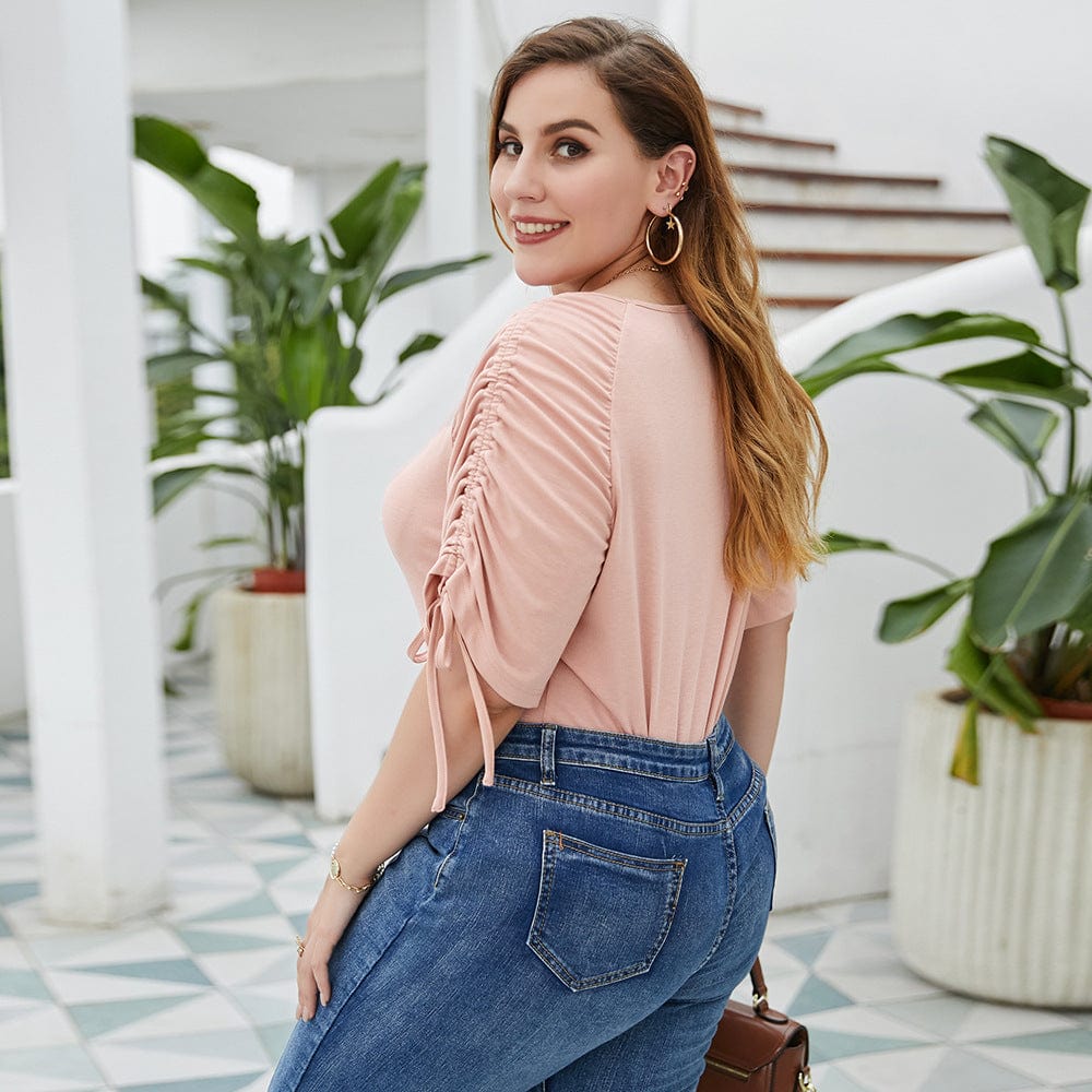 Plus Solid Ruched Sleeve Tee - Image 5