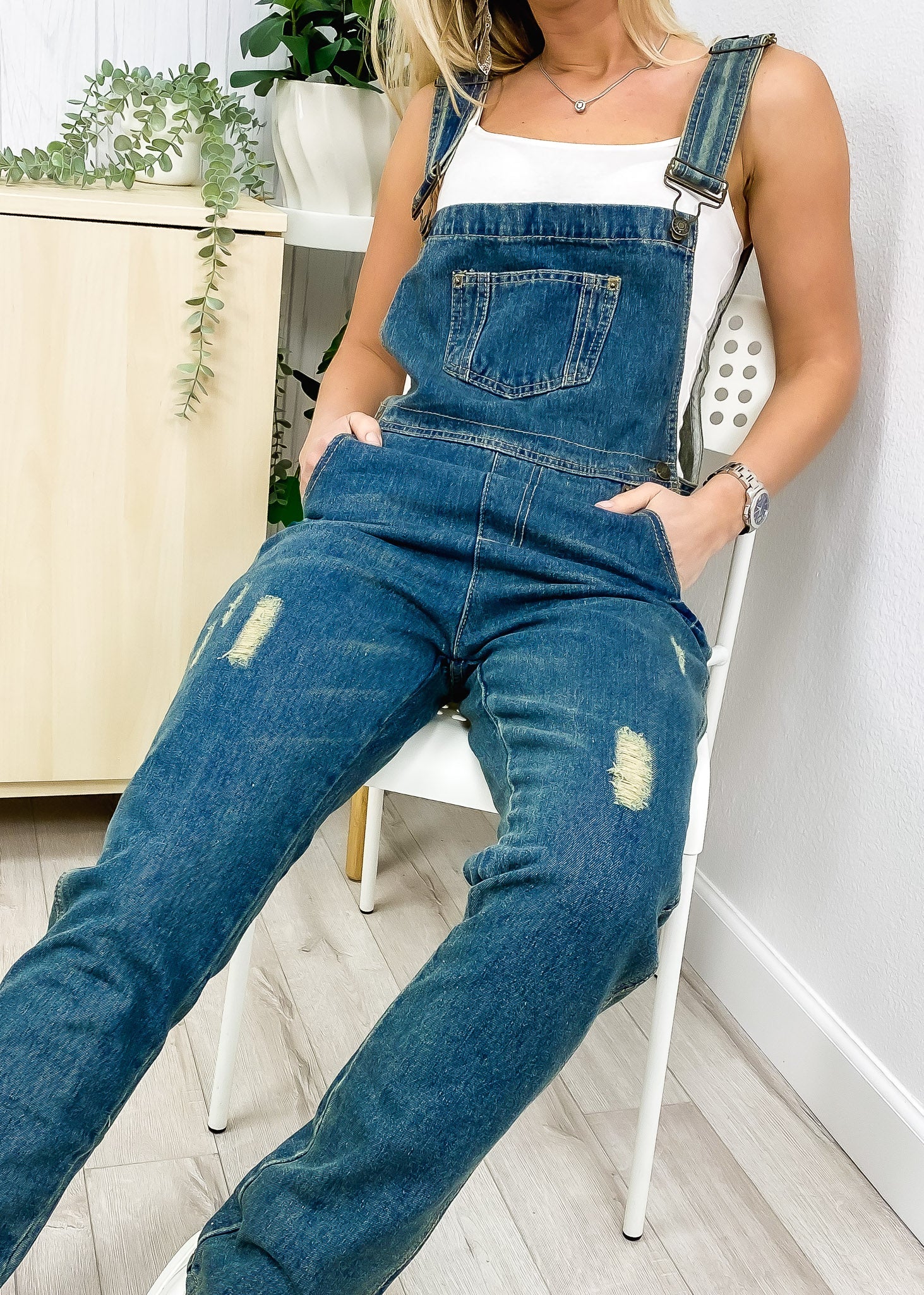 Pocket Denim Tapered Leg Overalls - Image 12
