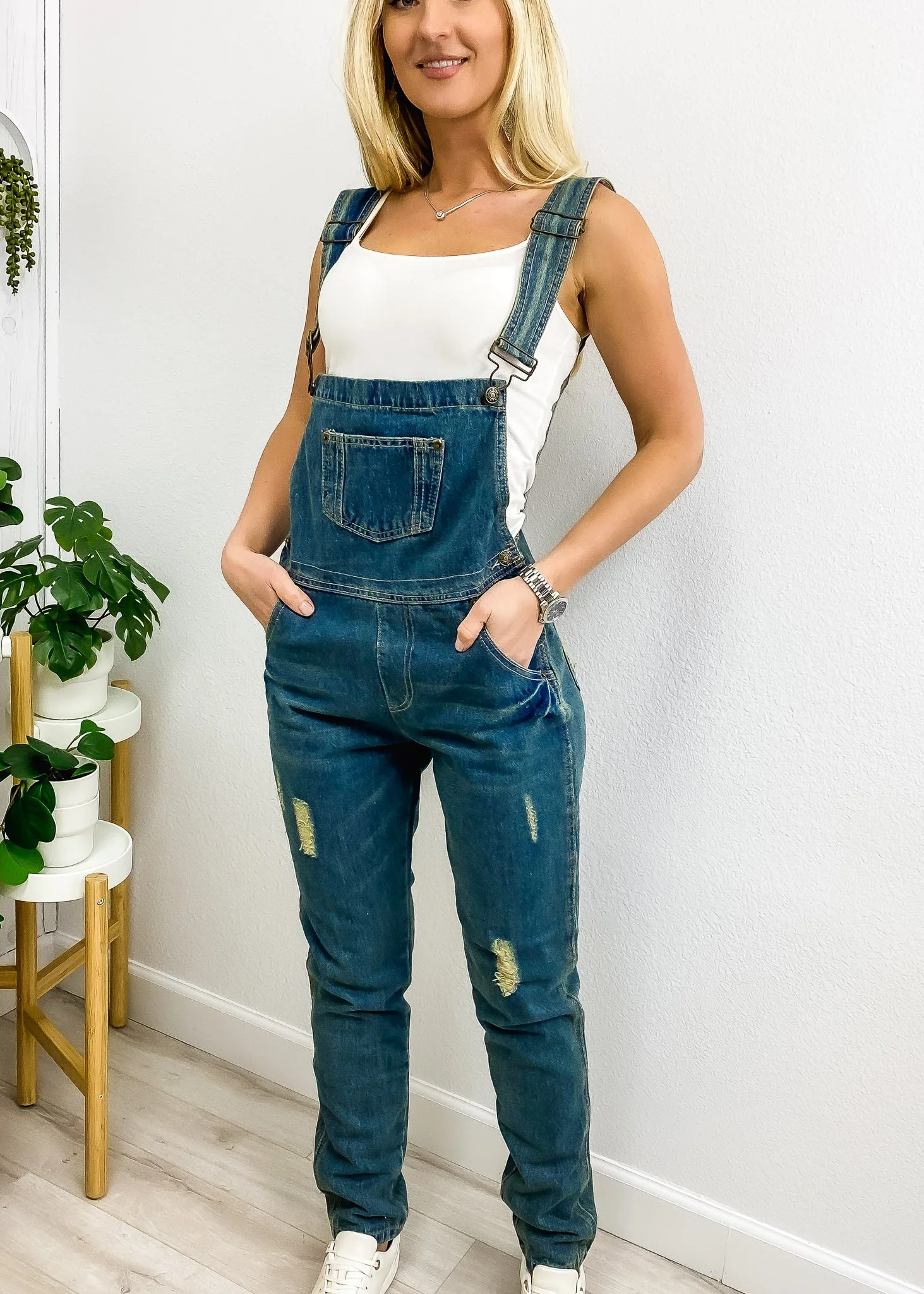 Pocket Denim Tapered Leg Overalls - Image 7
