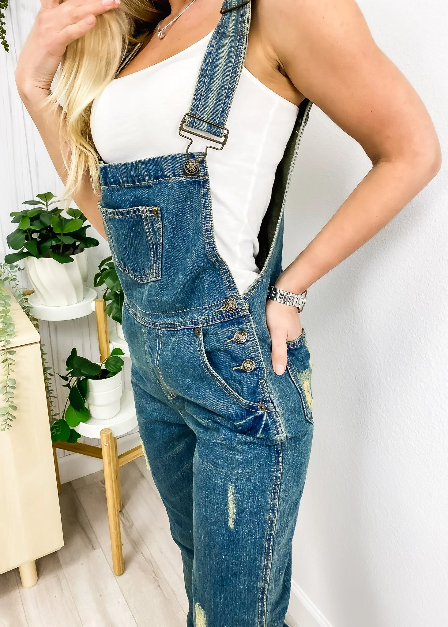Pocket Denim Tapered Leg Overalls - Image 9