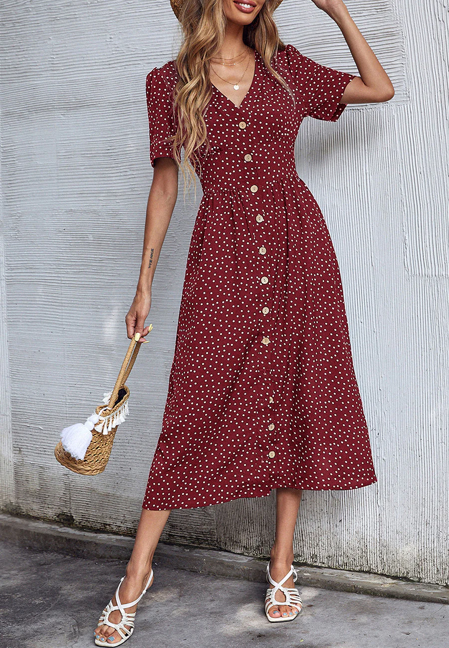 Polka Dot Button Casual Dress - Image 15