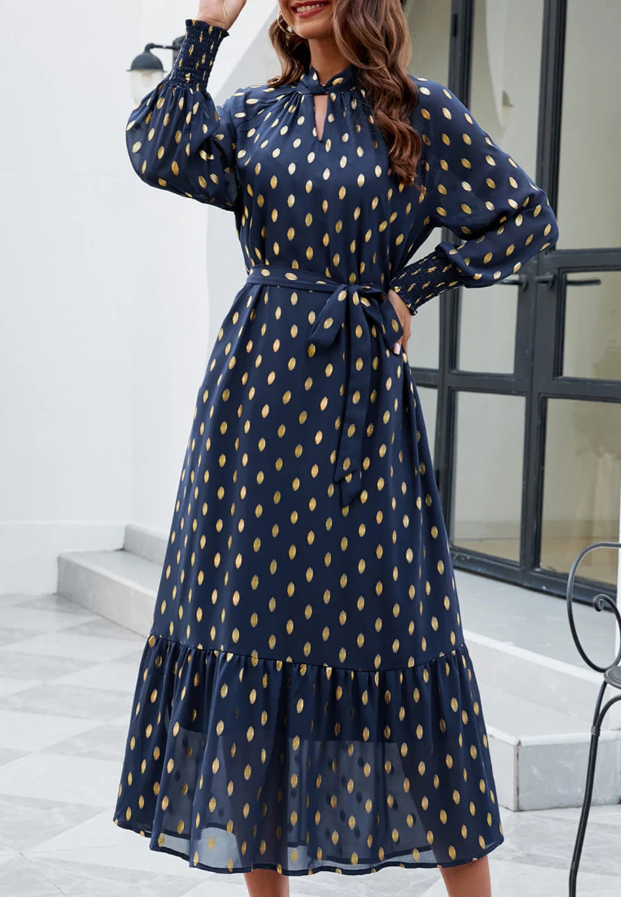 Polka Dot Mock Long Sleeve Maxi Dress - Image 12