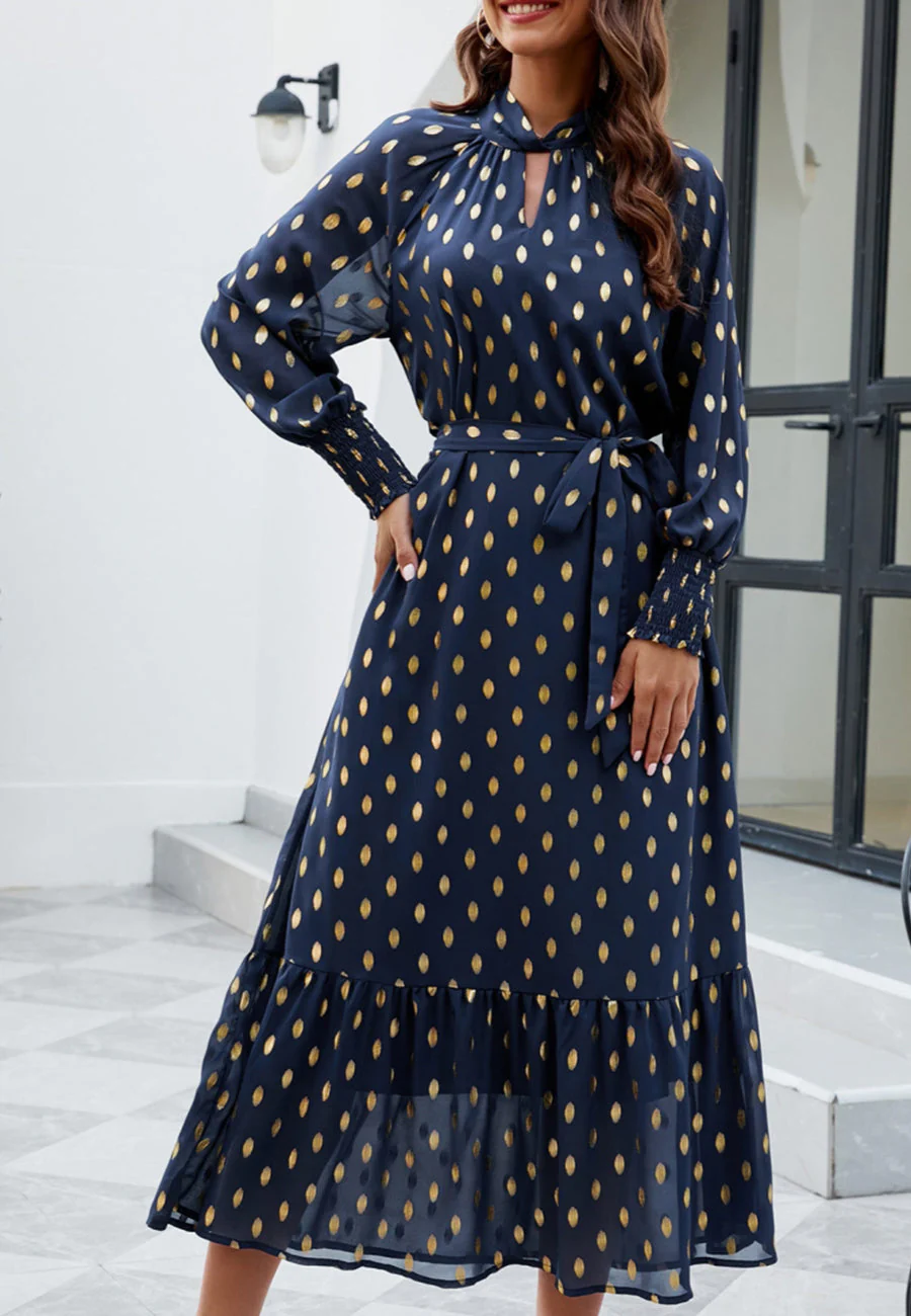Polka Dot Mock Long Sleeve Maxi Dress - Image 14