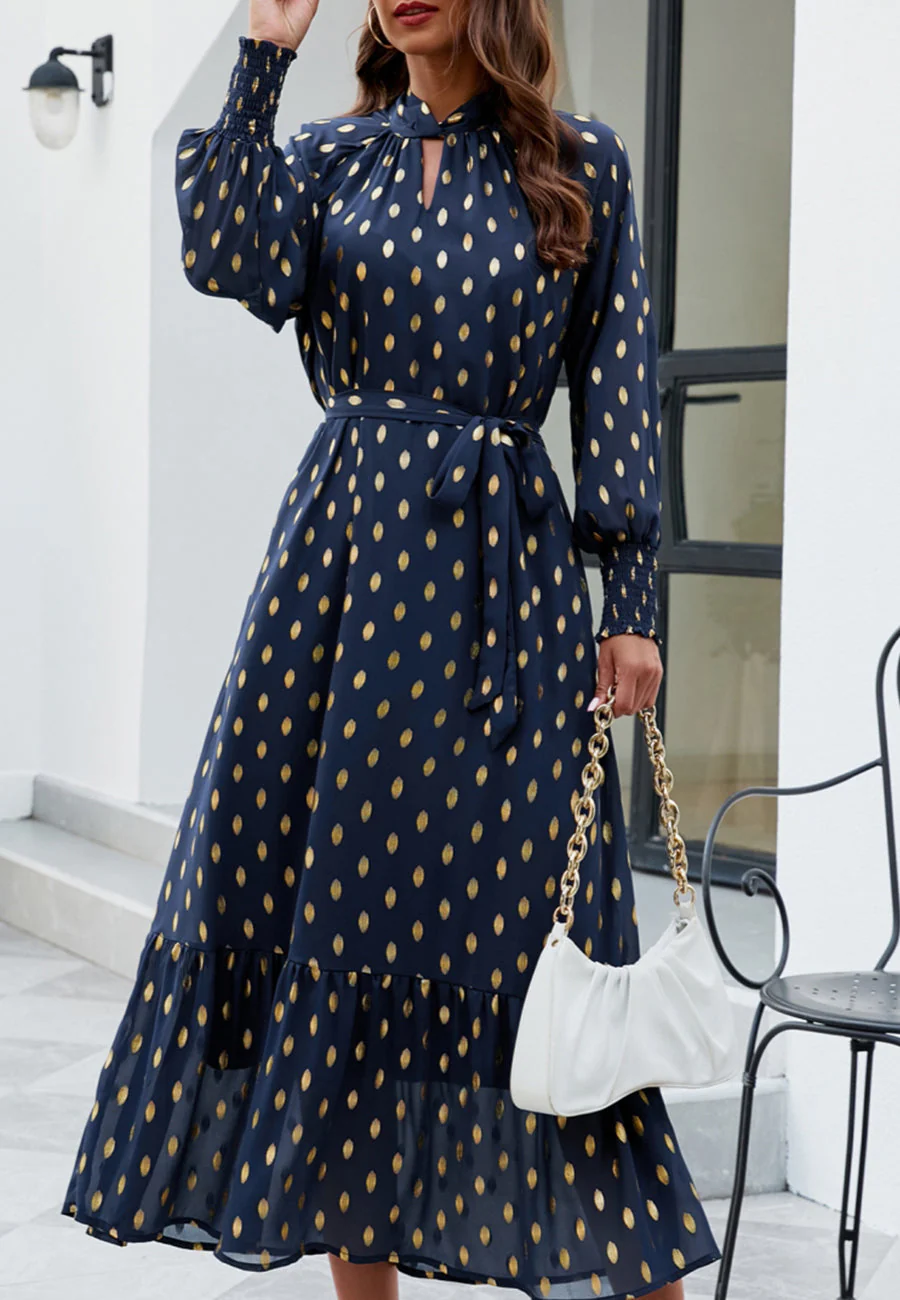 Polka Dot Mock Long Sleeve Maxi Dress - Image 15