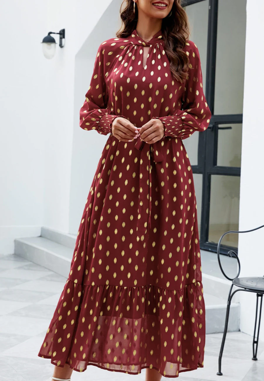 Polka Dot Mock Long Sleeve Maxi Dress - Image 2