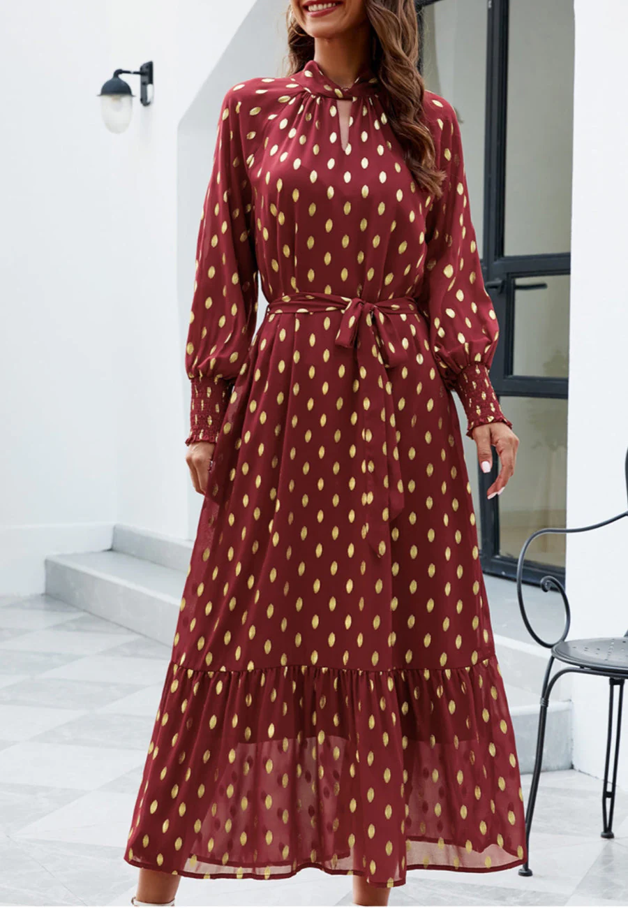 Polka Dot Mock Long Sleeve Maxi Dress - Image 3