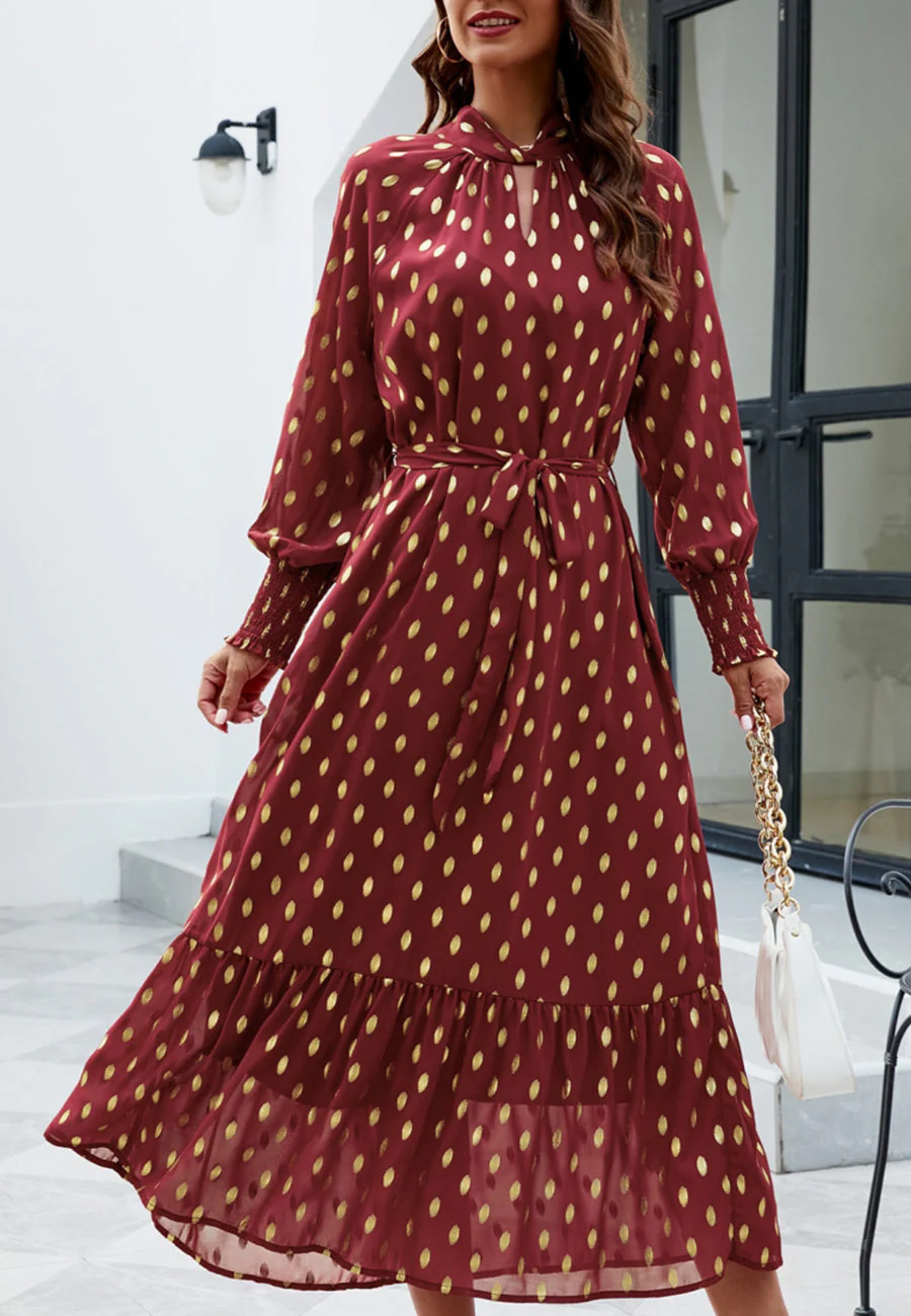 Polka Dot Mock Long Sleeve Maxi Dress - Image 4