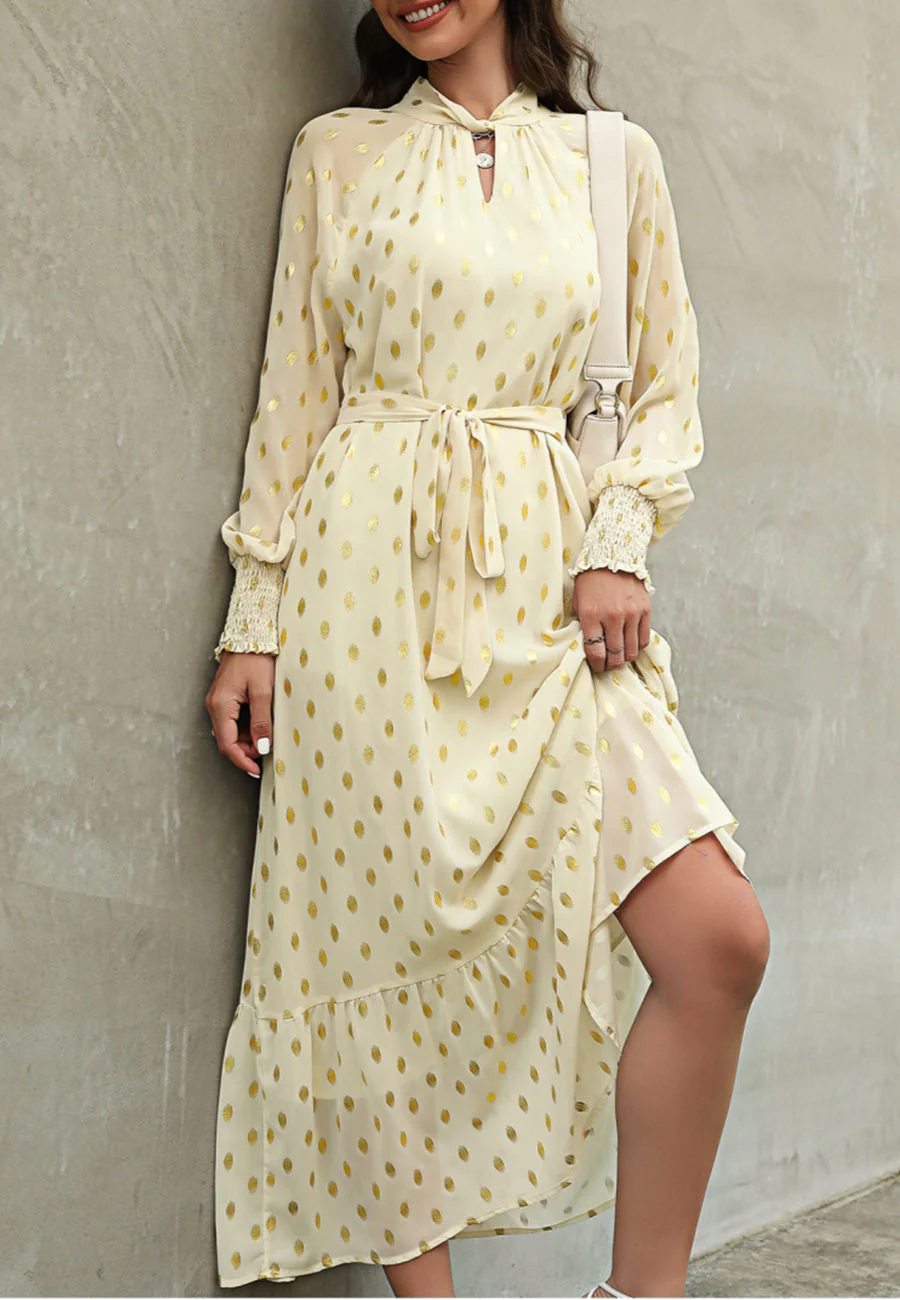 Polka Dot Mock Long Sleeve Maxi Dress - Image 8