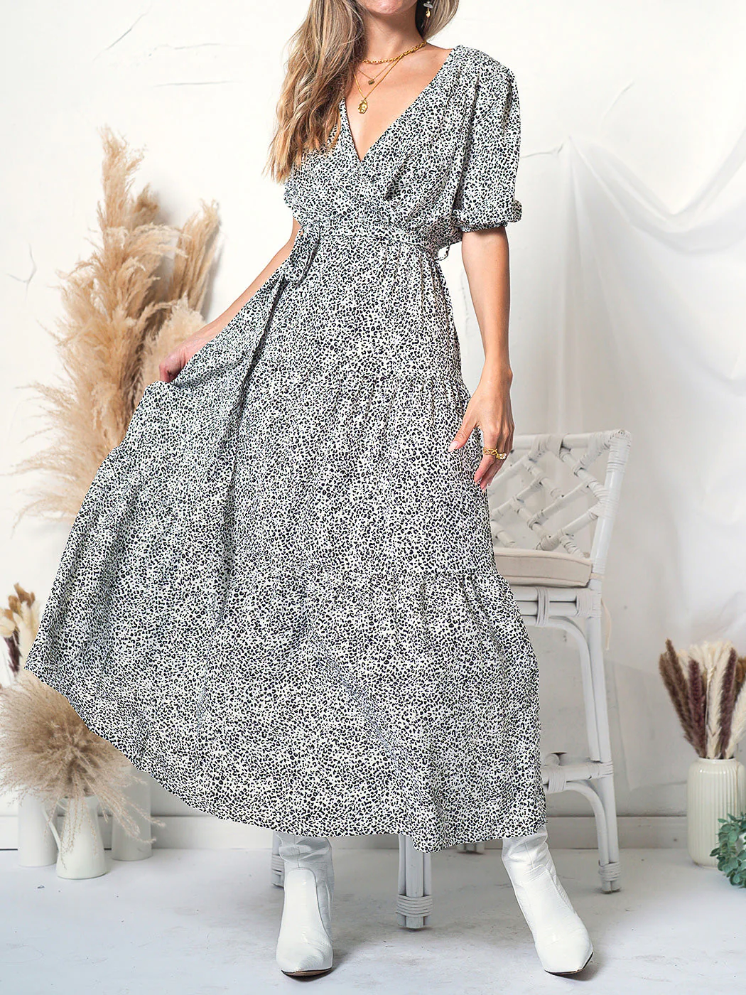 Printed Puff Sleeve Wrap Dress - Image 7