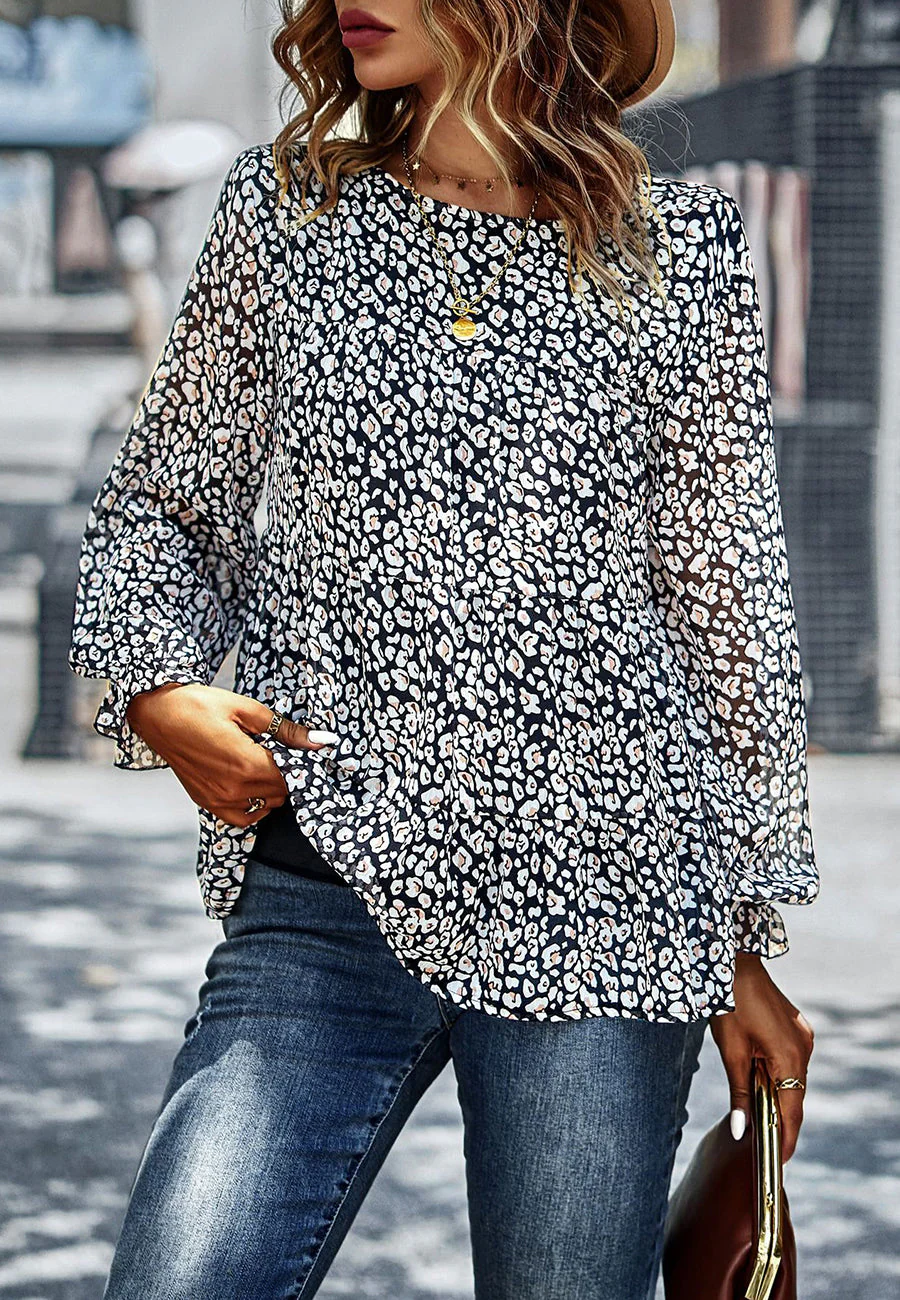 Printed Ruffle Hem Flowy Blouse - Image 11