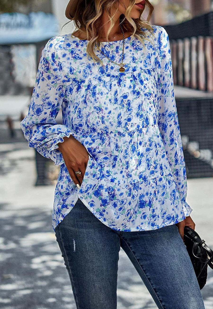 Printed Ruffle Hem Flowy Blouse - Image 15
