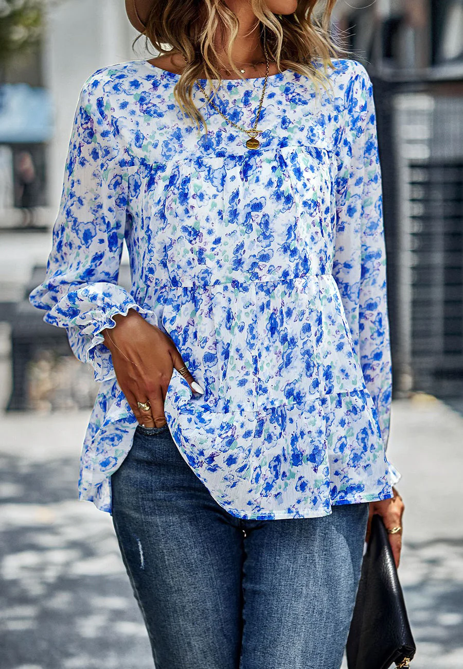 Printed Ruffle Hem Flowy Blouse - Image 16