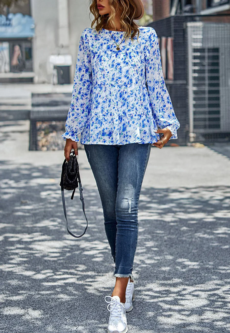Printed Ruffle Hem Flowy Blouse - Image 18