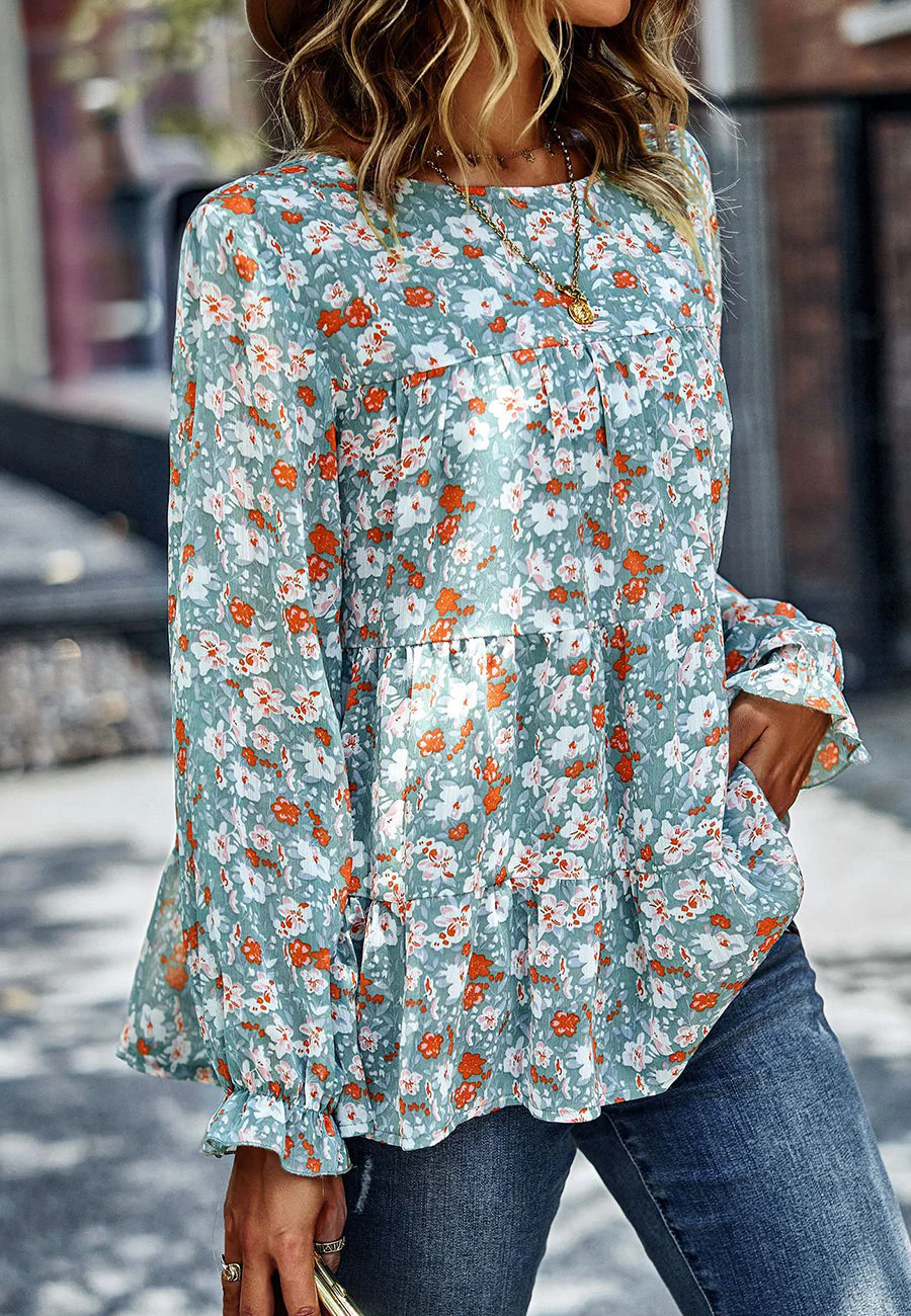 Printed Ruffle Hem Flowy Blouse - Image 20