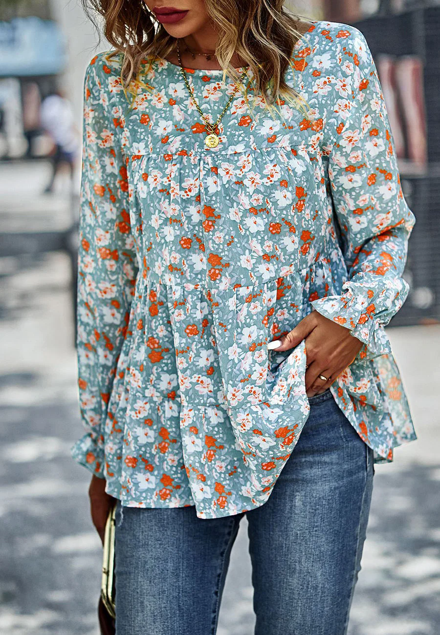 Printed Ruffle Hem Flowy Blouse - Image 21