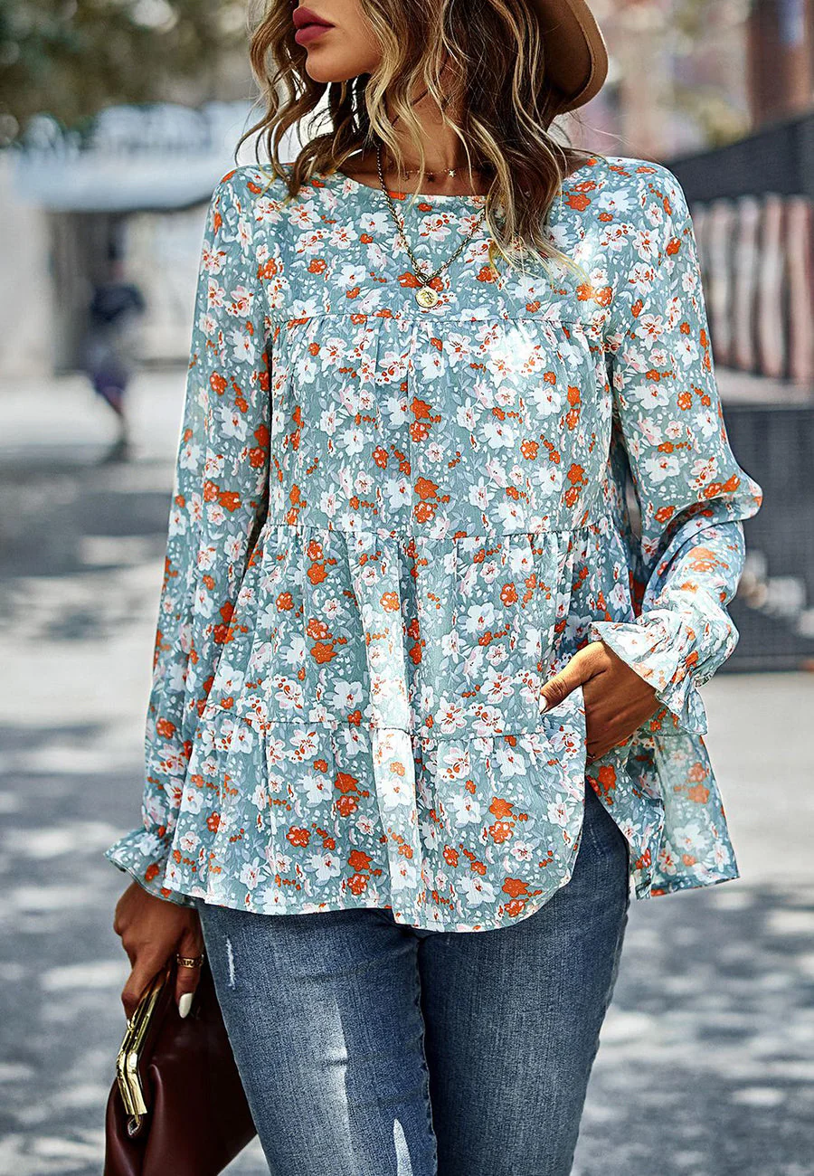 Printed Ruffle Hem Flowy Blouse - Image 22