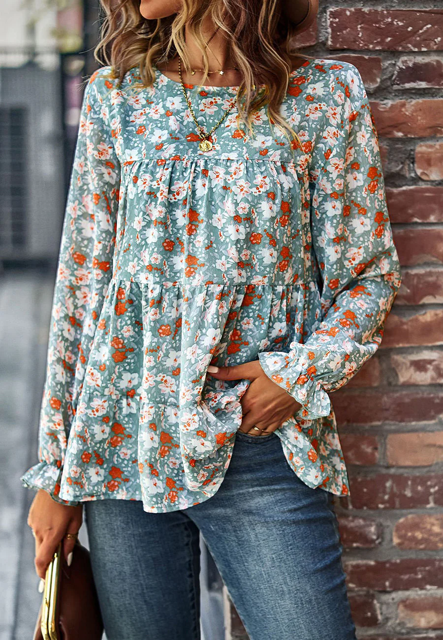 Printed Ruffle Hem Flowy Blouse - Image 23