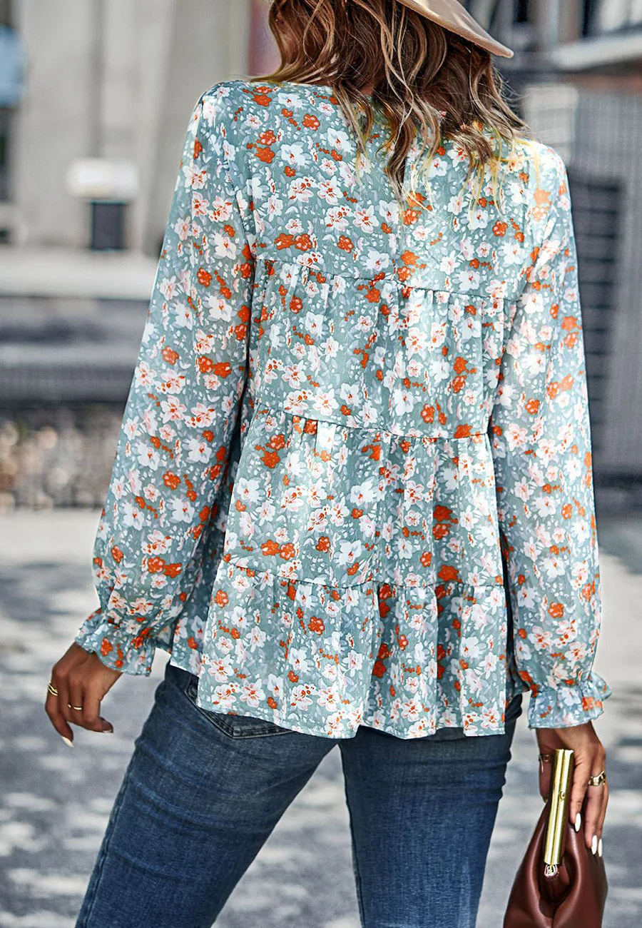 Printed Ruffle Hem Flowy Blouse - Image 24